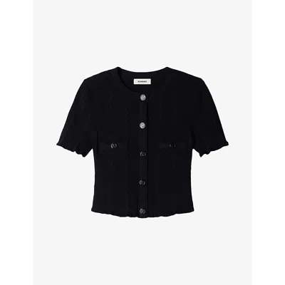 Sandro Womens Black Cropped Pointelle-texture Knitted Top