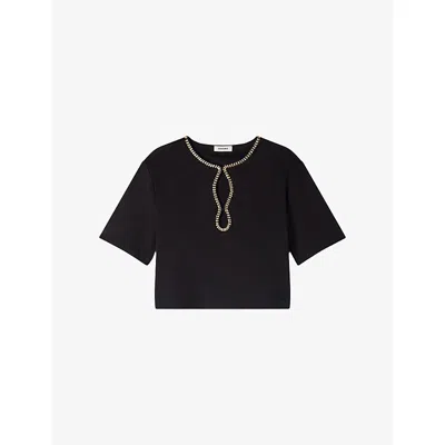 Sandro Womens Black Cropped Rhinestone-embellished Cotton-blend T-shirt