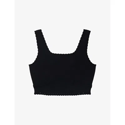 Sandro Womens Black Cropped Scalloped-trim Stretch-knit Jumper