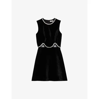 Sandro Womens Black Crystal-embellished Cut-out Velvet Mini Dress