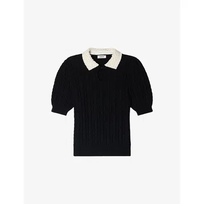 Sandro Womens Black Embellished-collar Cable-knitted Cotton-blend Jumper