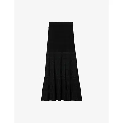 Sandro Womens Black High-rise Decorative-stitch Knitted Midi Skirt