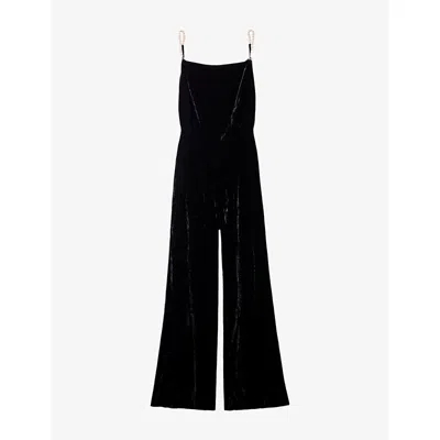 Sandro Womens  Jewel-strap Square-neck Velvet Jumpsuit In Black
