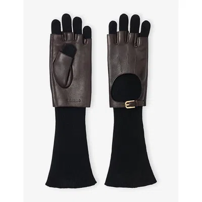 Sandro Womens Black Logo-embossed Long Knitted And Leather Gloves