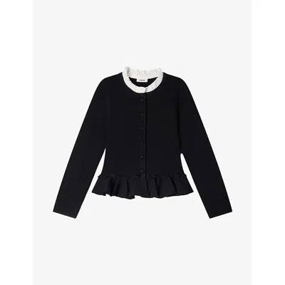 Sandro Womens Black Peplum Removable-collar Stretch-knit Cardigan