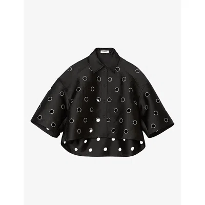 Sandro Womens Black Rhinestone-embellished Cut-out Cropped Woven Shirt