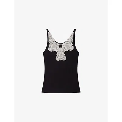 Sandro Womens Black Ribbed Lace-embroidered Stretch-cotton Vest