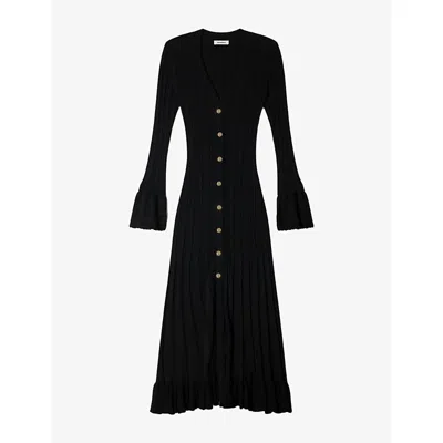 Sandro Womens Black Ruffle-trim Knitted Maxi Dress