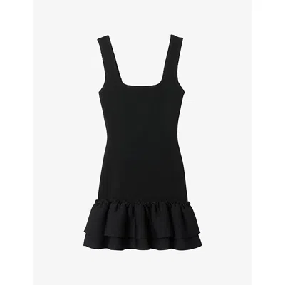 Sandro Womens Black Ruffled-hem Square-neck Stretch-knit Mini Dress