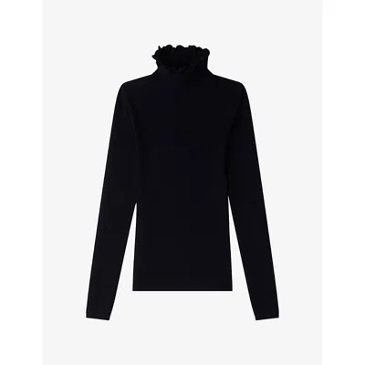 Sandro Womens Black Ruffled Roll-neck Wool-blend Jumper