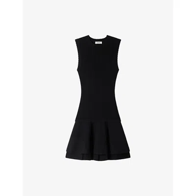 Sandro Womens Black Ruffle-hem Knitted Mini Dress