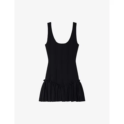 Sandro Womens  Sleeveless Ruffle-hem Knitted Mini Dress In Black