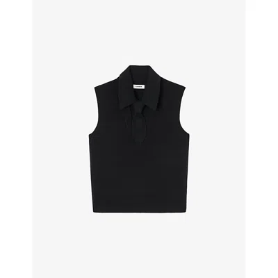 Sandro Womens Black Tie-neck Sleeveless Stretch Wool-blend Jumper