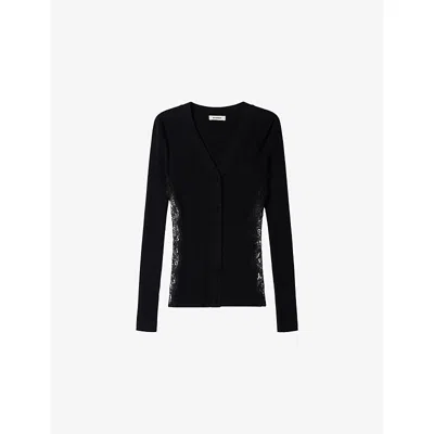 Sandro Womens Black V-neck Lace-panel Knitted Cardigan