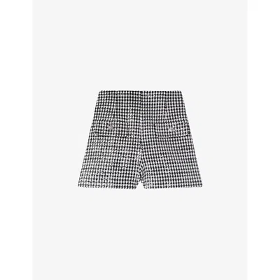 SANDRO WOMENS BLACK / WHITE HOUNDSTOOTH-PATTERN SEQUIN-EMBELLISHED TWEED SHORTS
