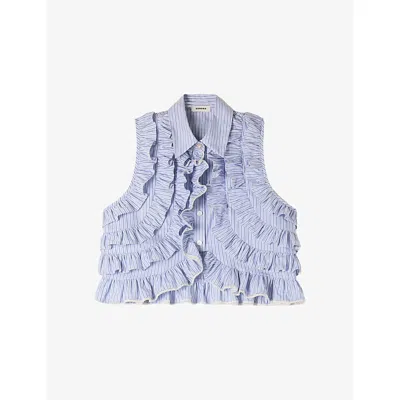 SANDRO WOMENS BLEU / MARINE RUFFLED STRIPED COTTON SHIRT