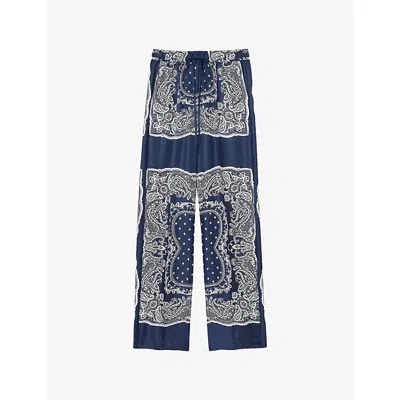 Sandro Womens Bleus Bandana-print Elasticated-waist Woven Trousers