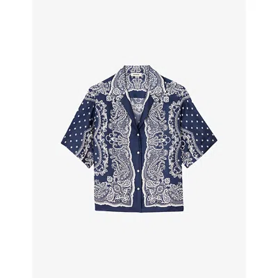 SANDRO WOMENS BLEUS BANDANA-PRINT RELAXED-FIT SATIN SHIRT