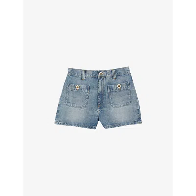 Sandro Womens Bleus Button-embellished High-rise Denim Shorts