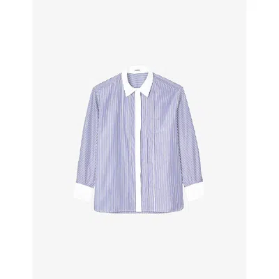 SANDRO WOMENS BLEUS CONTRAST-COLLAR RELAXED-FIT STRIPED COTTON SHIRT