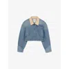 Sandro Womens Contrast-collar Stud-embellished Cropped Denim Jacket Bleus In Bleus