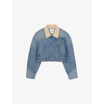 Sandro Womens Contrast-collar Stud-embellished Cropped Denim Jacket Bleus