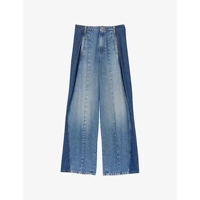 Sandro Womens  Contrast-panel Wide-leg Denim Jeans In Bleus