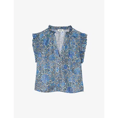 Sandro Womens Bleus Floral-print Ruffle-trim Silk Top