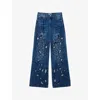 Sandro Womens Bleus Flower-embroidered Straight-leg Jeans