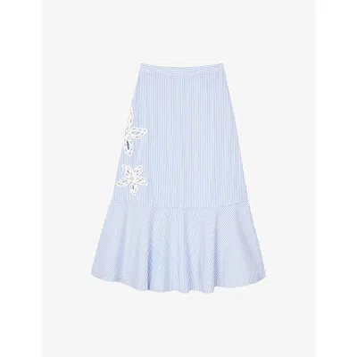 Sandro Womens Bleus Flower-embroidered Striped Stretch-cotton Midi Skirt