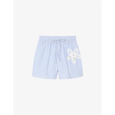 Sandro Womens Bleus Flower-embroidered Striped Stretch-cotton Shorts