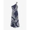 Sandro Womens Bleus Graphic-print One-shoulder Woven Maxi Dress In Bleus