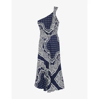Sandro Womens Bleus Graphic-print One-shoulder Woven Maxi Dress