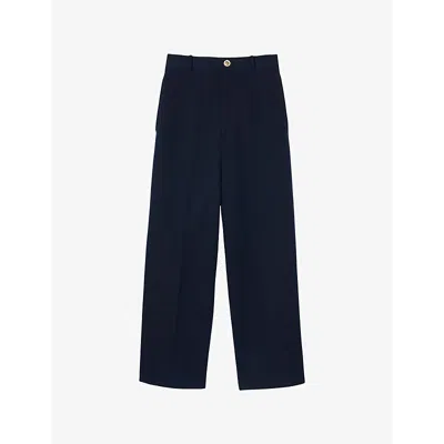 SANDRO WOMENS BLEUS HIGH-RISE PRESSED-CREASE COTTON-BLEND TROUSERS
