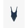 Sandro Womens Bleus Katia Logo-embroidered Contrast-trim Stretch-woven Bodysuit In Blue