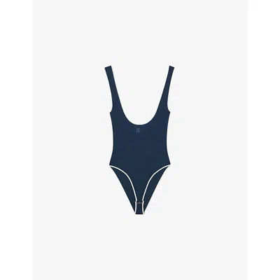 Sandro Womens Bleus Katia Logo-embroidered Contrast-trim Stretch-woven Bodysuit In Blue