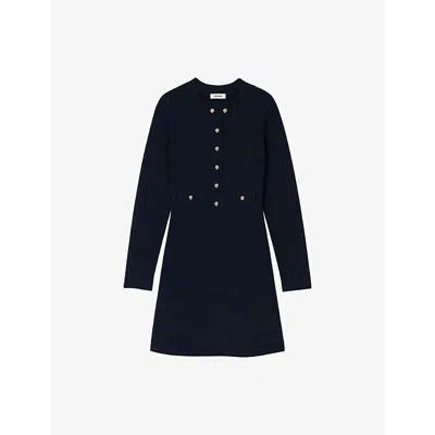 Sandro Womens Bleus Long-sleeved Side-pocket Knitted Mini Dress