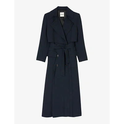 Sandro Womens Bleus Oversized-lapel Belted Woven Trench Coat