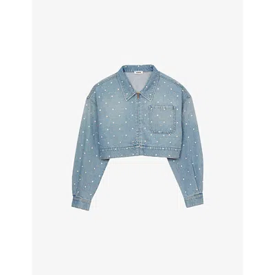 Sandro Womens Rhinestone-embellished Puff-sleeve Denim Jacket Bleus