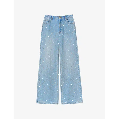Sandro Womens Rhinestone-embellished Wide-leg Mid-rise Denim Jeans Bleus