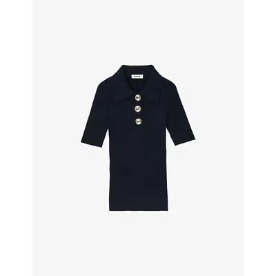 Sandro Womens Short-sleeved Knitted Polo Shirt Bleus