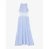 Sandro Womens Bleus Stripe-print Cut-out Lace Cotton And Linen-blend Midi Dress In Bleus