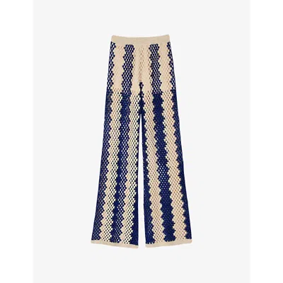 SANDRO WOMENS TWO-TONE OPEN-KNIT COTTON-BLEND TROUSERS BLEUS