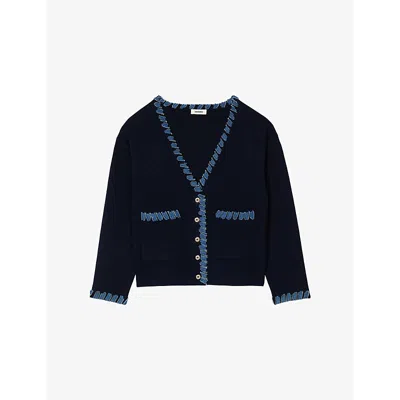 Sandro Womens  V-neck Contrast-panel  Knitted Cardigan In Bleus