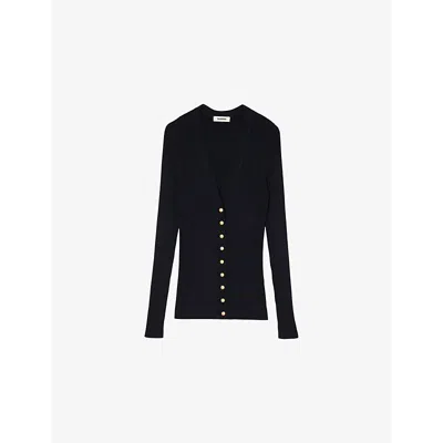Sandro Womens  V-neck Slim-fit Knitted Cardigan In Bleus