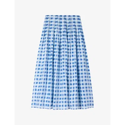 Sandro Womens Blu / White Gingham-print Elasticated-waist Linen-blend Maxi Skirt In Blue
