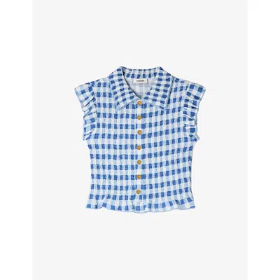 SANDRO WOMENS BLU / WHITE GINGHAM-PRINT SMOCKED STRETCH-WOVEN SHIRT