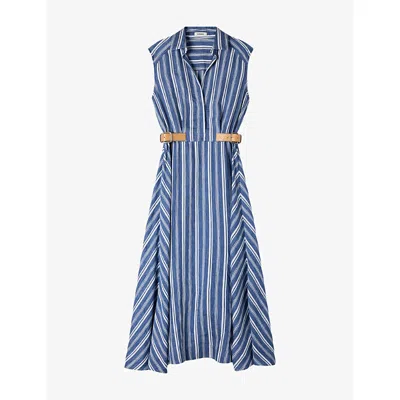 Sandro Womens  Striped Leather-tab Woven Maxi Dress In Blue