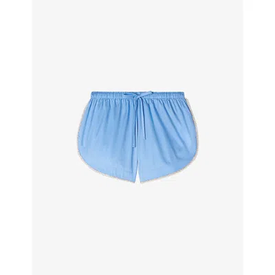 Sandro Womens Blue Beaded-trim Elasticated-waist Cotton Shorts