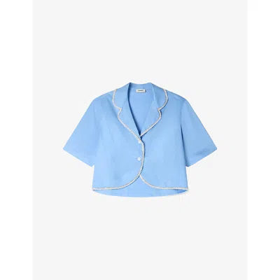 Sandro Womens Blue Cropped Beaded-trim Cotton Shirt